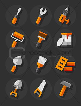 Working tools for construction and repair flat icons set