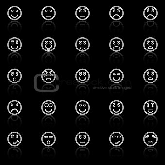 Circle face line icons with reflect on black background