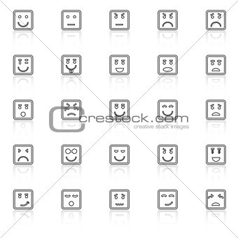 Square face line icons with reflect on white background