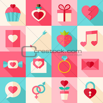 Valentine day flat icon set with long shadow
