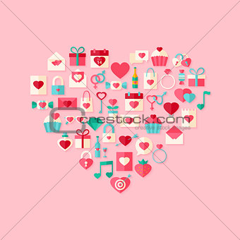 Heart shaped valentine day flat style icons with shadow