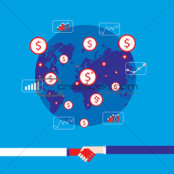 Handshake and money on world map background Successful business concept