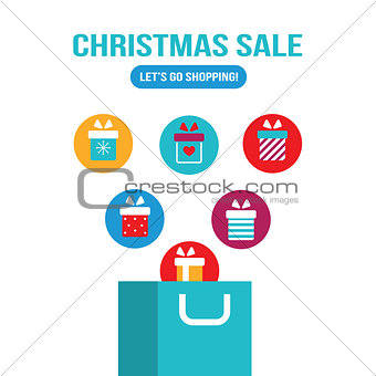 Shopping bag with gift boxes flying out of it New Year Christmas sale