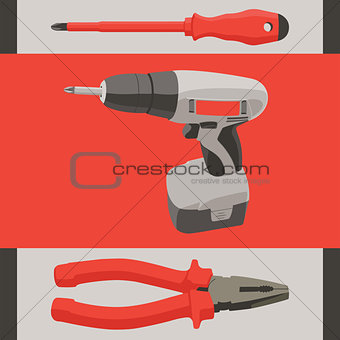 Instrument tool set - screwdriver, drill and pliers