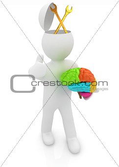 3d people - man with half head, brain and trumb up. Service conc