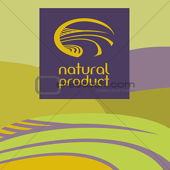 Vector logo depicting the landscape, field, road. Green and purple background.Natural product