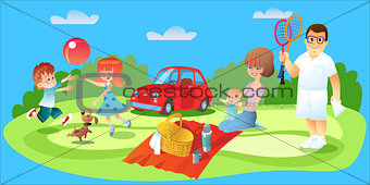 Family picnic, father, mother and children car
