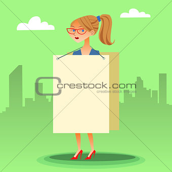 businesswomen with a poster and place for text