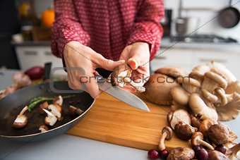 Closeup on young housewife cooking mushrooms