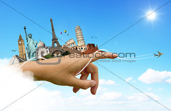Monuments of the world on a woman hand