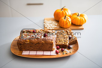 Closeup on freshly baked pumpkin bread with seeds