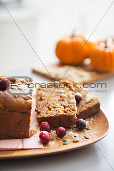 Closeup on freshly baked pumpkin bread with seeds