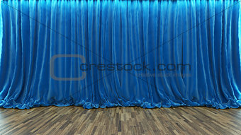 3d rendering theater stage with blue curtain and wooden floor