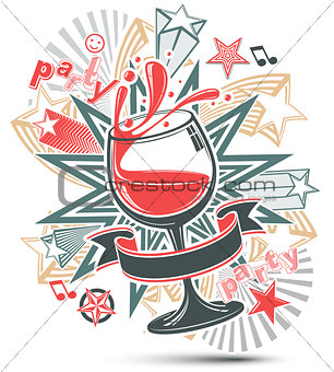 Celebrative leisure backdrop with musical notes, glass goblet wi