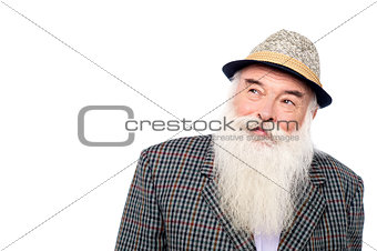 Old man with hat, looking up.