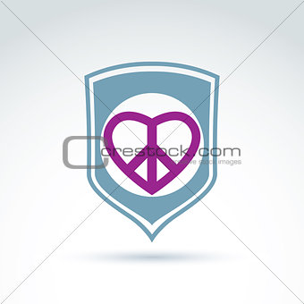 Round antiwar and love vector icons placed on a shield, peace pr