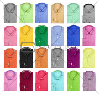 collection of colorful bright men's shirts on a white background