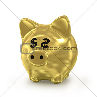 colden coins falling into a gold piggy bank isolated on white background