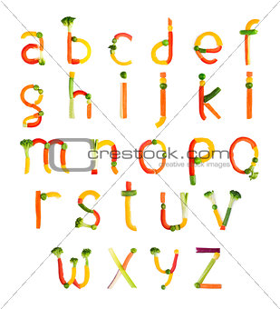 alphabet created by vegetables on a white background