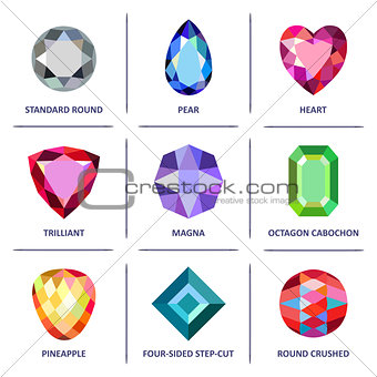 Low poly popular colored gems cuts infographics