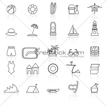 Beach line icons with reflect on white background