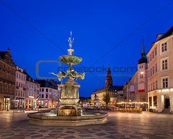 Amagertorv Square and Stork Fountain in the Old Town of Copenhag