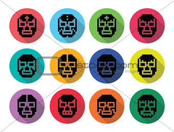 Lucha Libre, luchador pixelated Mexican wrestling masks black icons
