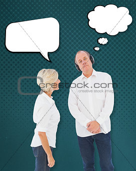 Composite image of annoyed woman being ignored by her partner