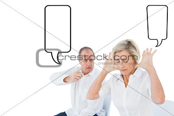 Composite image of older couple sitting in chairs arguing