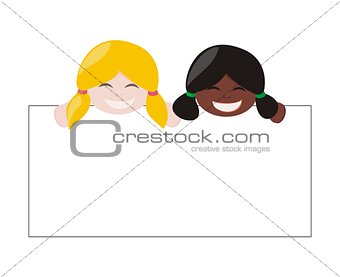 Multicultural girls holding white empty banner
