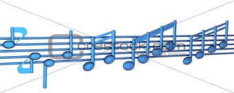 Various music notes on stave. Blue 3d