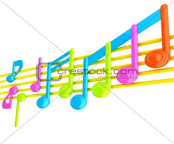 Various music notes on stave. Colorfull 3d