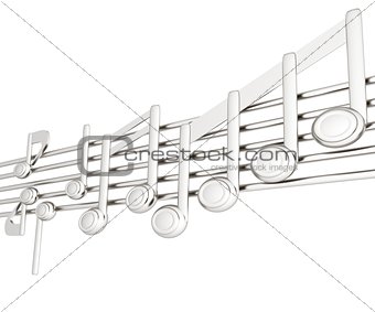 Various music notes on stave. Metall 3d