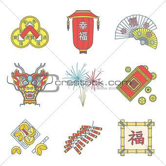 colored outline chinese new year icons set