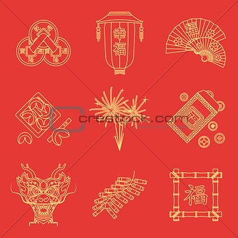yellow gold outline on red chinese new year icons set