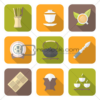 color flat style chinese tea ceremony equipment icons set