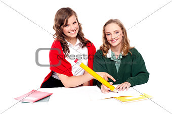 Cheerful school kids completing their assignment together
