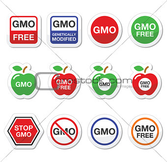 GMO food, no GMO or GMO free icons set