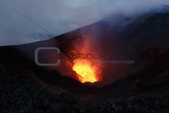 Eruption: fountain lava from volcano. Kamchatka