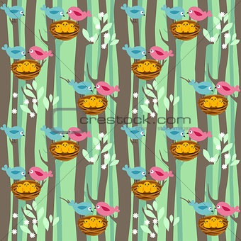 Seamless pattern with spring trees and birds