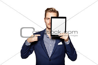 Man pointing at digital tablet