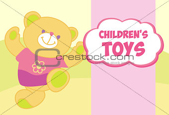 Vector banner with a teddy bear. Template for advertising children's store. Childrens toys.