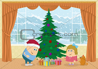 Children finding gifts under fir tree