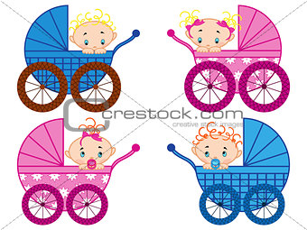 Four strollers with baby-boys and baby-girls