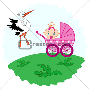 Baby girl in a pram and stork beside her