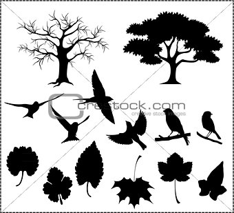 silhouette vector of tree birds and leaves