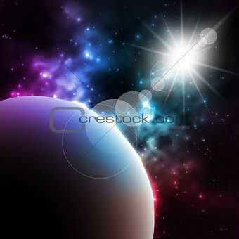 Photorealistic Galaxy background with planet and shining sun . Vector illustration