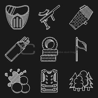 White flat line vector icons for paintball equipment
