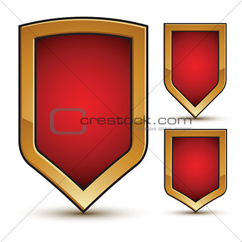 Branded glossy geometric symbols set, stylized red shield elemen