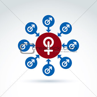 Blue male and red female signs connected with arrows, gender sym